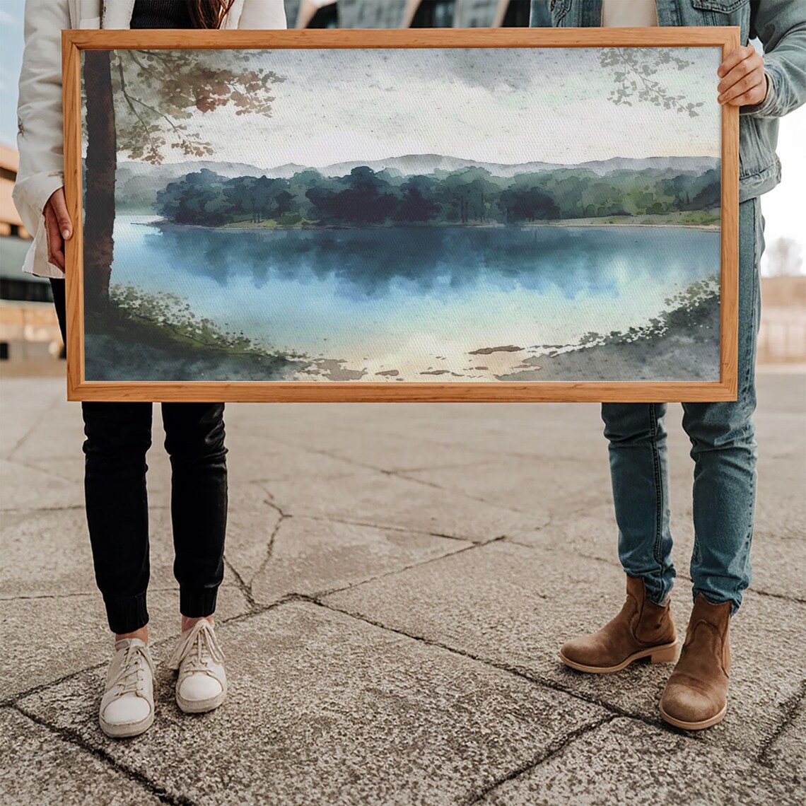 Serene Blue Lake Watercolor Tree Branch Soft Hills Calm Nature Poster - Image 5