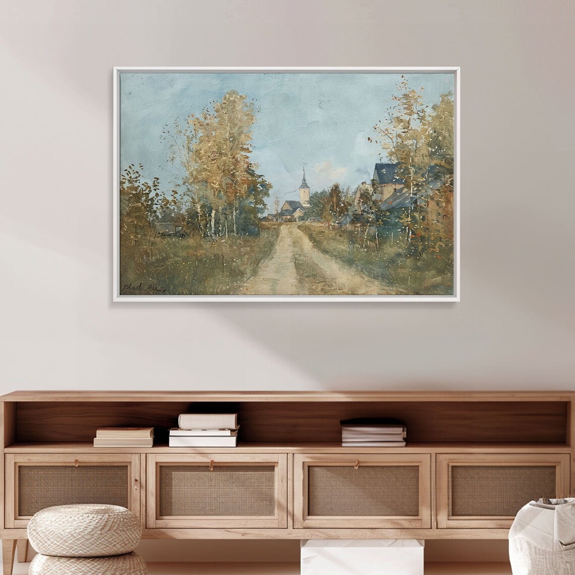 Old Country Road Leading to Village Church Autumn Trees Folk Art Poster - Image 4