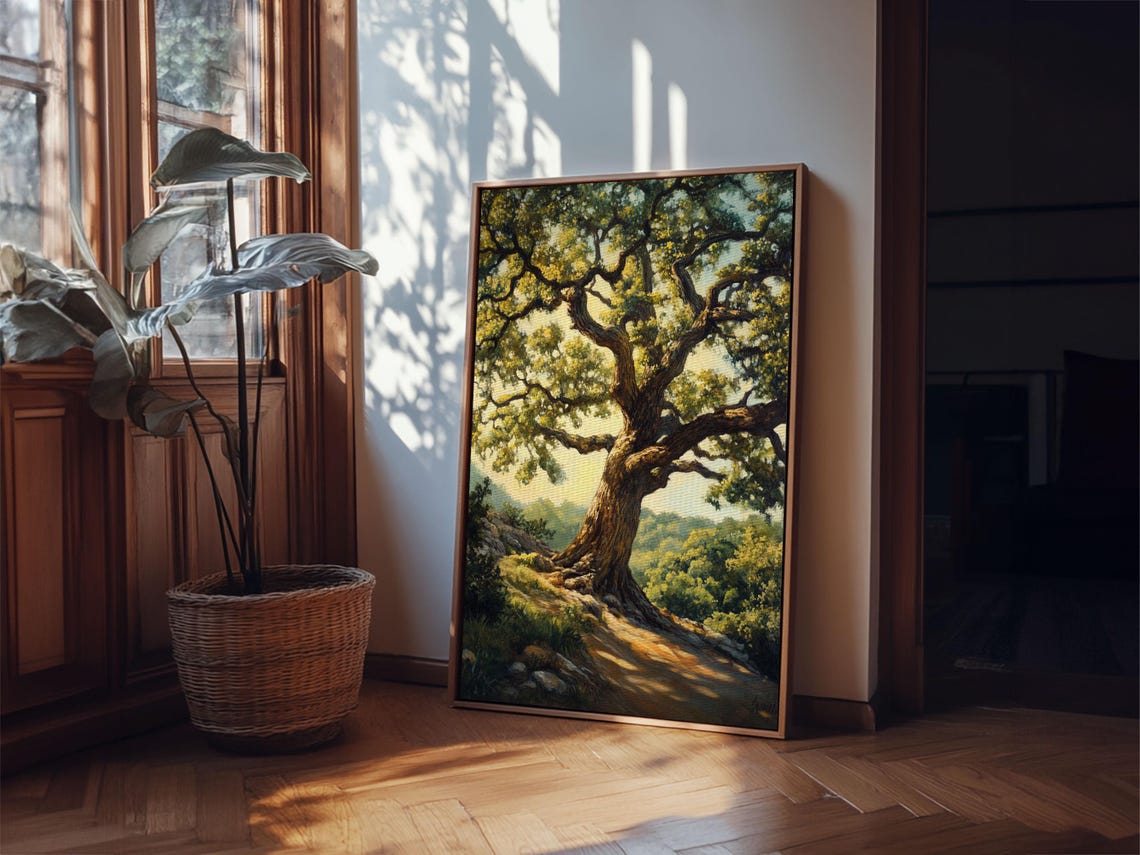 Majestic Oak Tree Sunlit Hillside Rustic Landscape Oil Painting Poster - Image 3