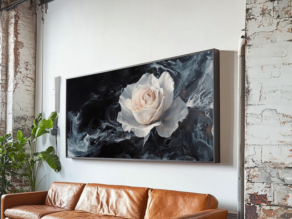 Abstract Oil Painting Print Of A White Rose Framed Print Centerpiece Wall Art Accent Piece Art Floral Print Flower Painting Art