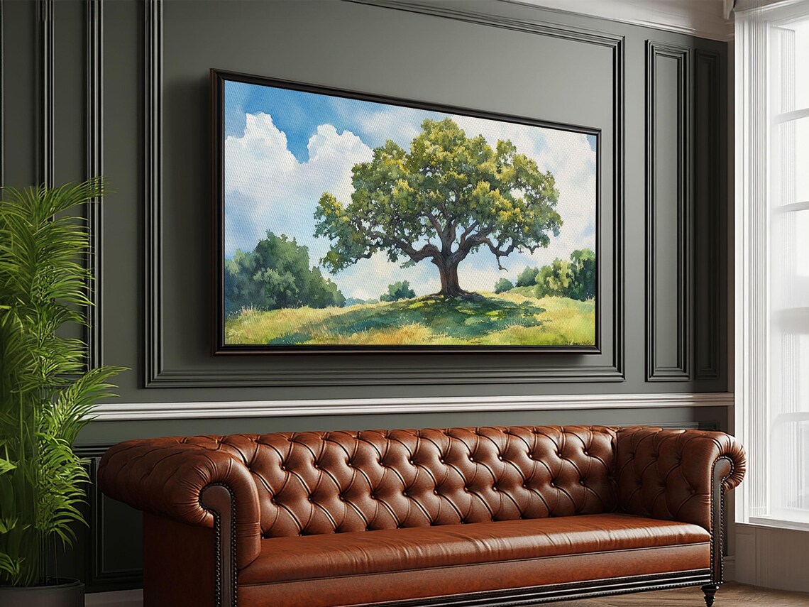 Majestic Oak Tree Sunny Meadow Blue Sky Watercolor Landscape Poster