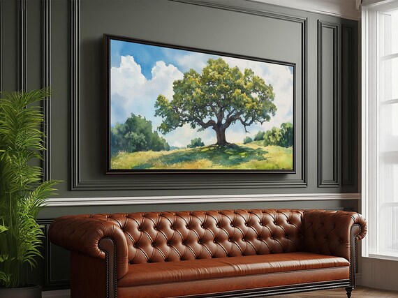 Sprawling Oak Tree Print Rustic Wall Art Panoramic Painting Nature Scene Bedroom Decor Horizontal Artwork Farmhouse Wall Art