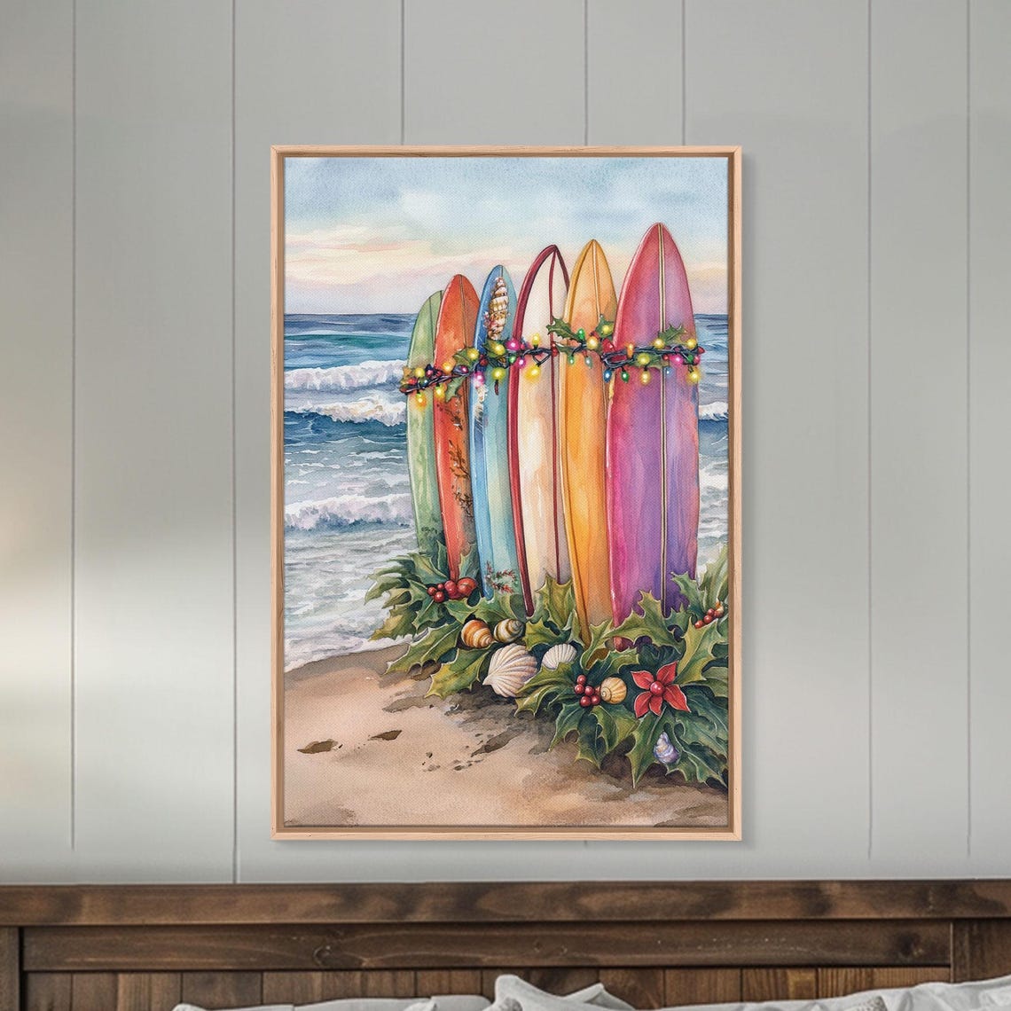 Christmas Surfboard Beach Tropical Holiday Lights Watercolor Wall Art