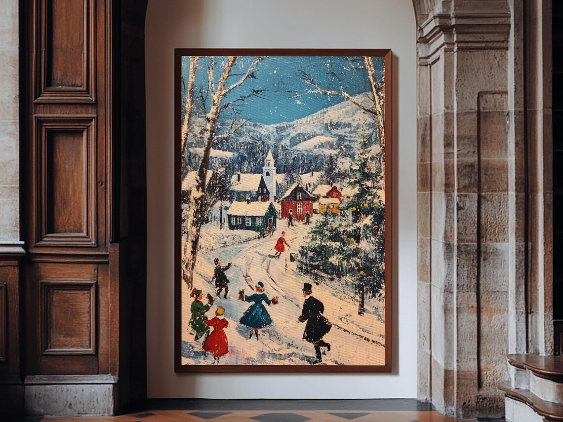 Ice Skaters Snowy Christmas Village Mountain Street Vintage Art Poster - Image 6