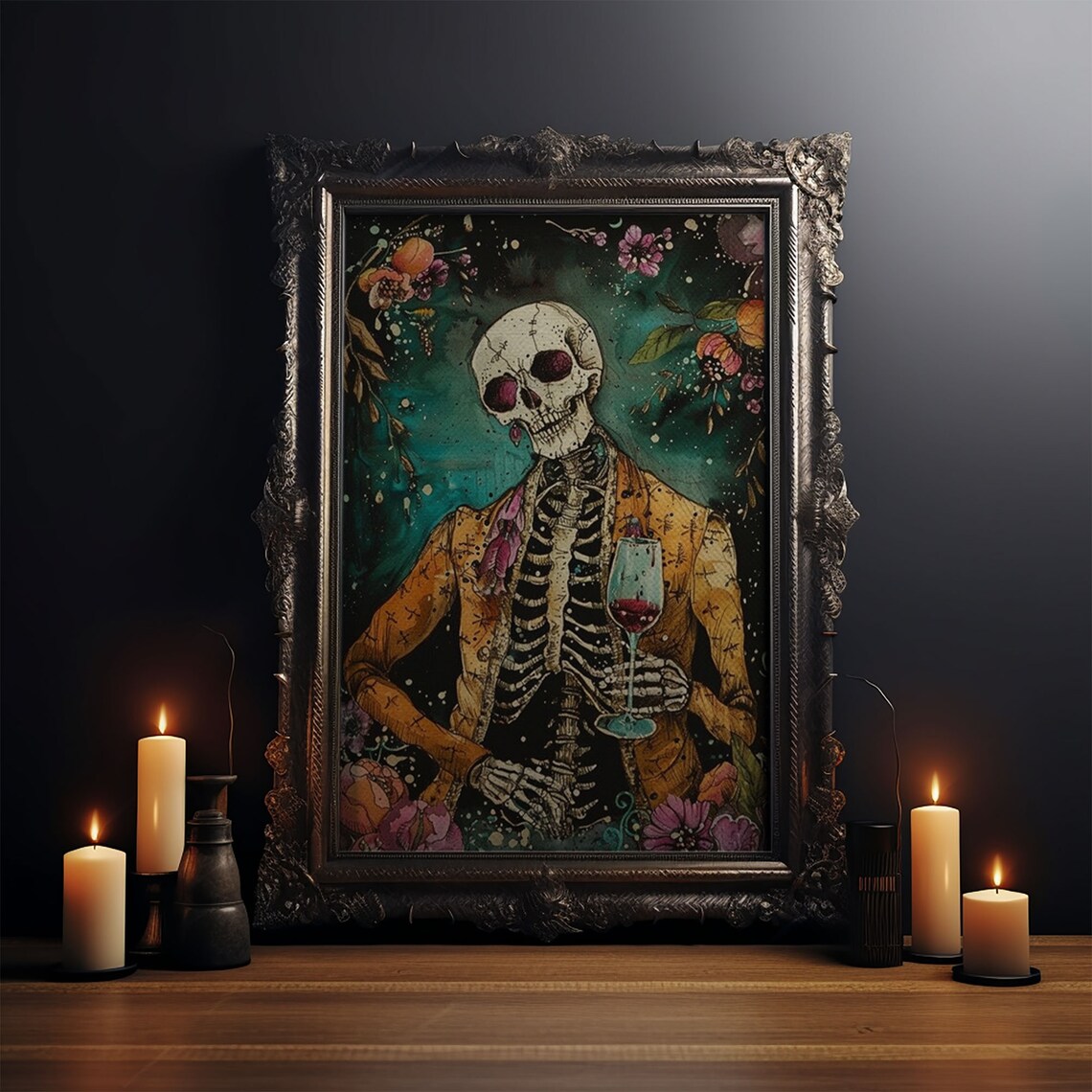 Colorful Day Of Dead Skeleton Gentleman Wine Glass Art Poster - Image 3