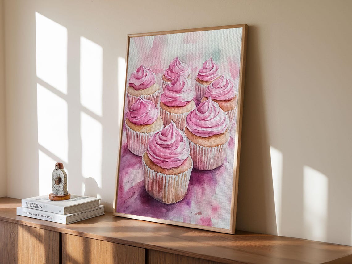 Pink Cupcake Art Print Kitchen Decor Dessert Illustration Rustic Artwork Food Review Kitchen Art Gift Idea For Her - Image 3