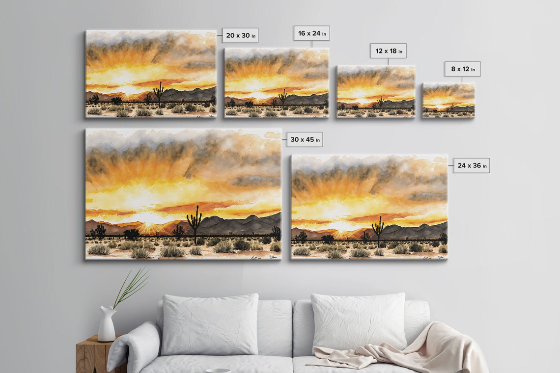Arizona Desert Saguaro Sunset Watercolor Mountain Panorama Wall Poster - Image 2