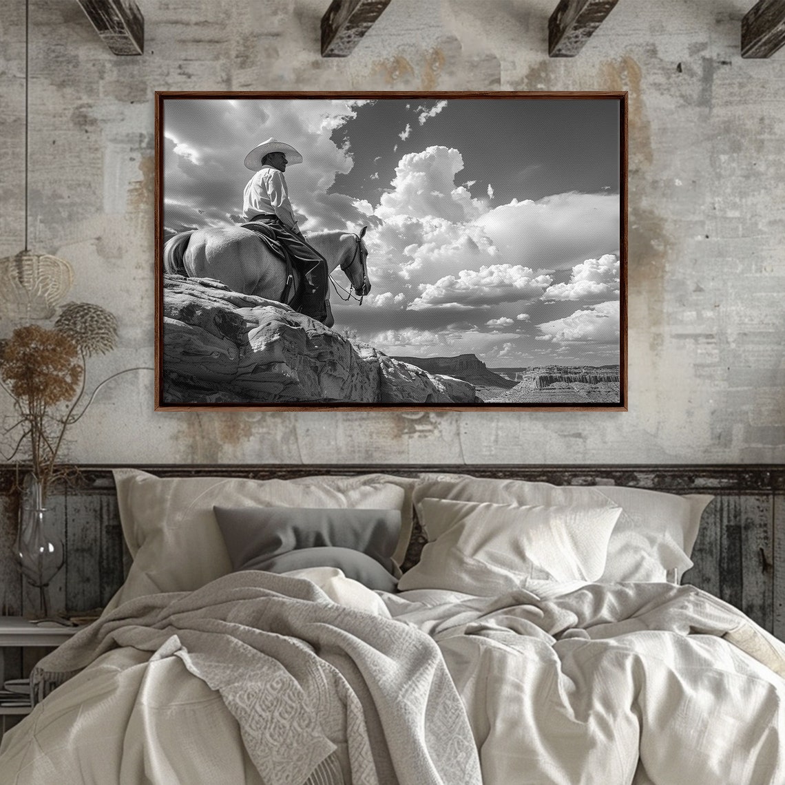 Cowboy On Horseback Rocky Cliff Dramatic Sky Black White Poster - Image 3