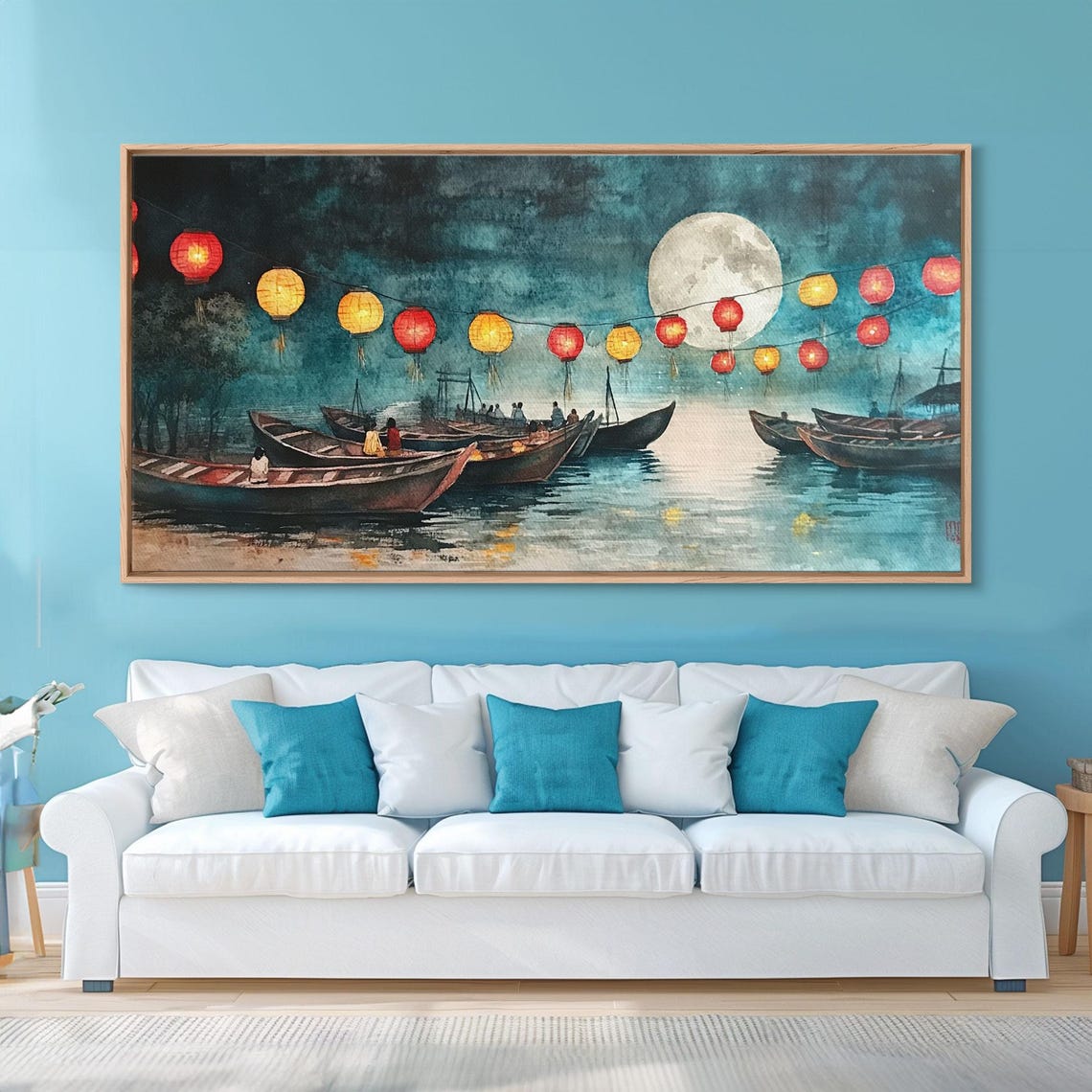 Full Moon Lantern Boats Glowing On Night River Scene Art Print