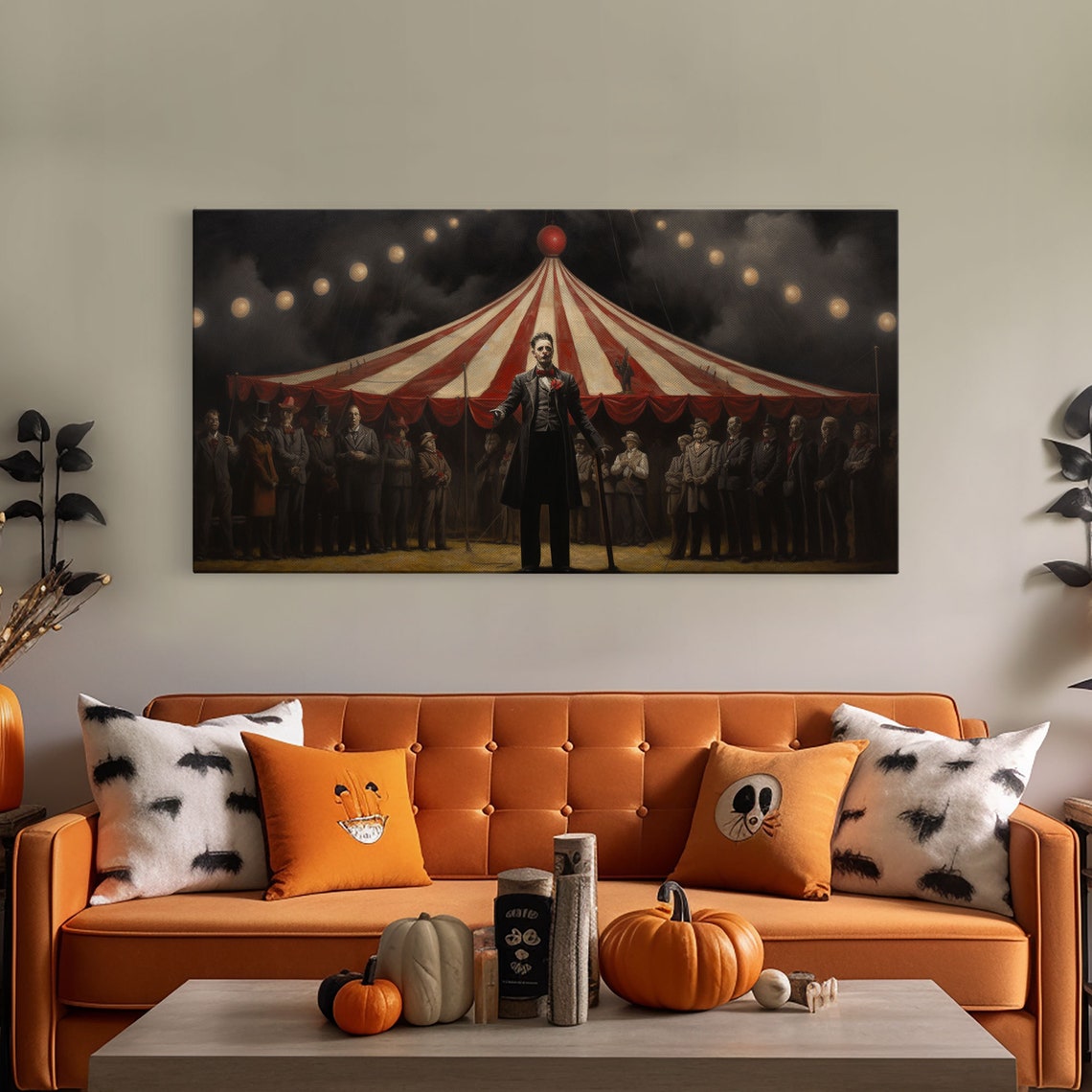 Creepy Ringmaster Before Red Striped Circus Tent At Night Print - Image 5