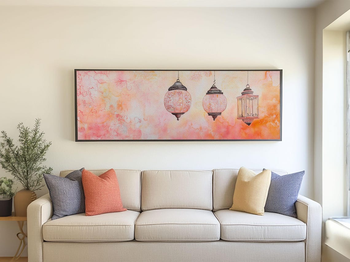 Moroccan Lanterns Print Pink Orange Wall Art Boho Decor Rustic Living Room Artwork Horizontal Farmhouse Style Gift Idea