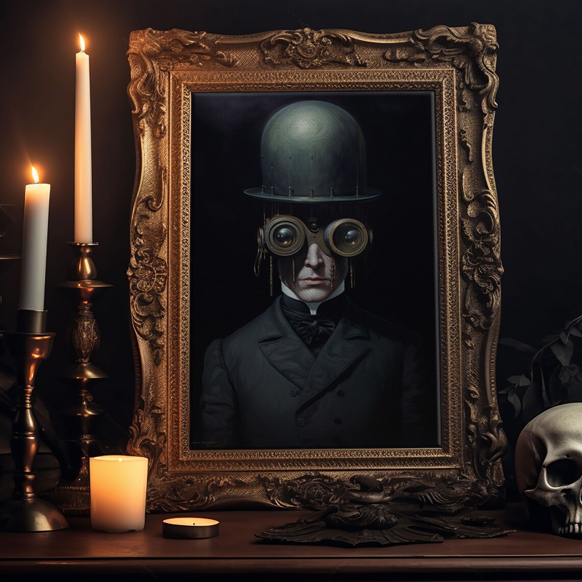 Victorian Steampunk Cyborg Portrait Goggles Bowler Hat Gothic Art Print