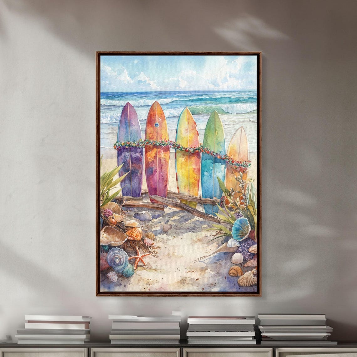 Surfboards With Christmas Garland On Beach With Seashells Poster - Image 3