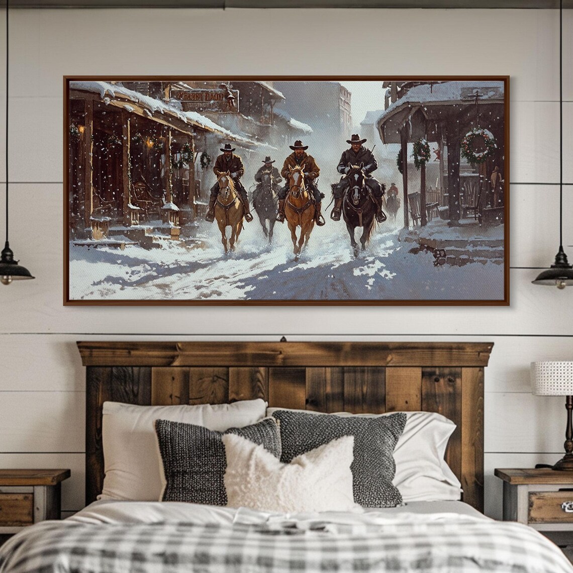 Cowboys Riding Through Snowy Christmas Western Town Art Print - Image 2