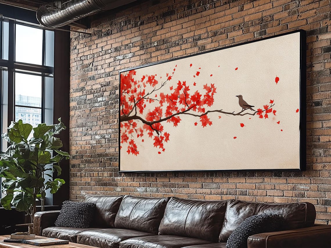 Red Maple Branch with Songbird Minimalist Autumn Fall Leaves Art Print - Image 5