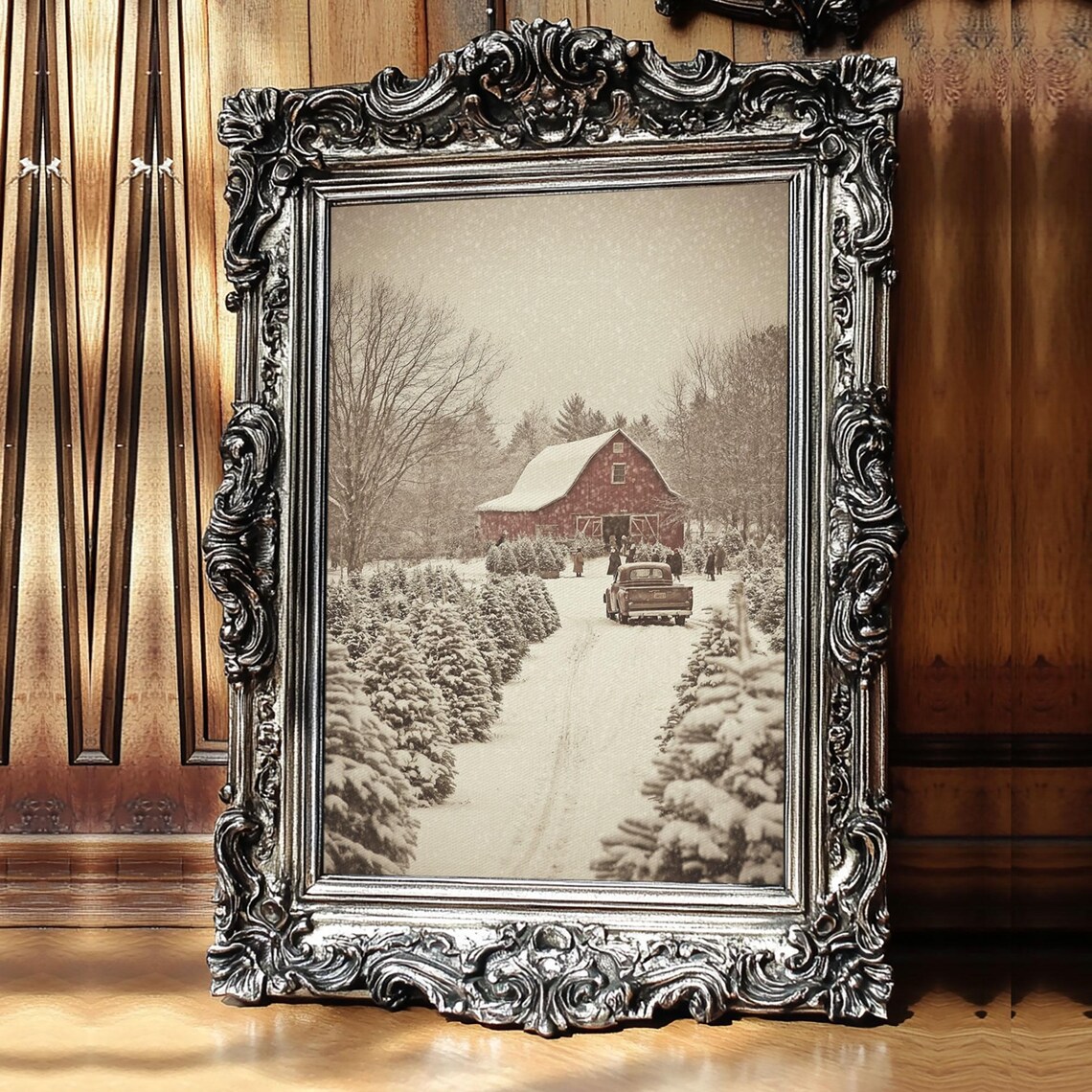 Snowy Red Barn Christmas Tree Farm With Vintage Truck Holiday Poster - Image 2