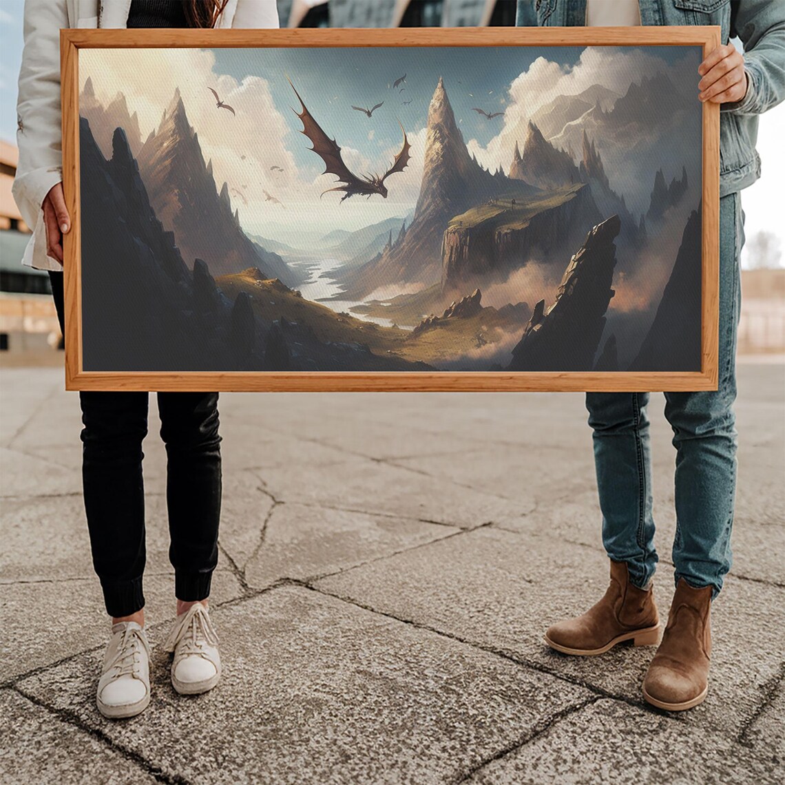 Dragons Flying Over Mountain Valley Epic Medieval Fantasy Landscape Poster - Image 5