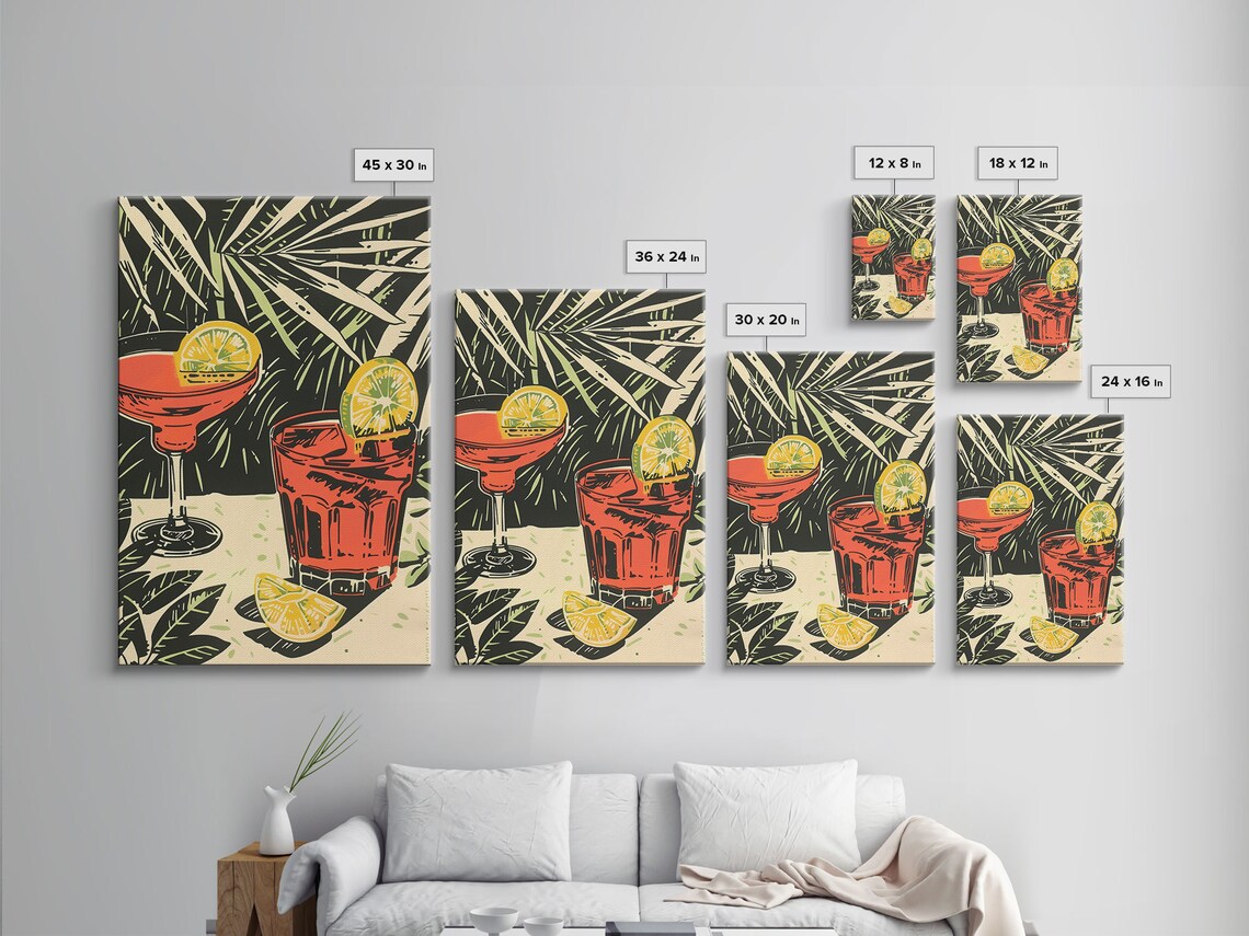 Retro Tropical Red Cocktails Palm Fronds Woodblock Style Bar Poster - Image 2