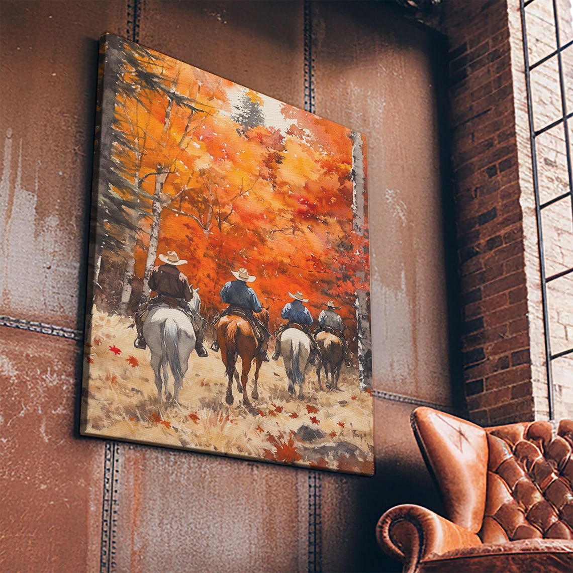 Four Cowboys Riding Horses Through Fiery Autumn Forest Fall Poster - Image 2