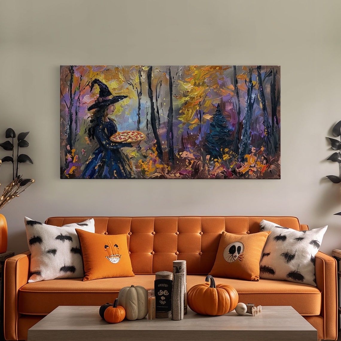 Witch Having Pizza Party In Autumn Haunted Forest Funny Art Print