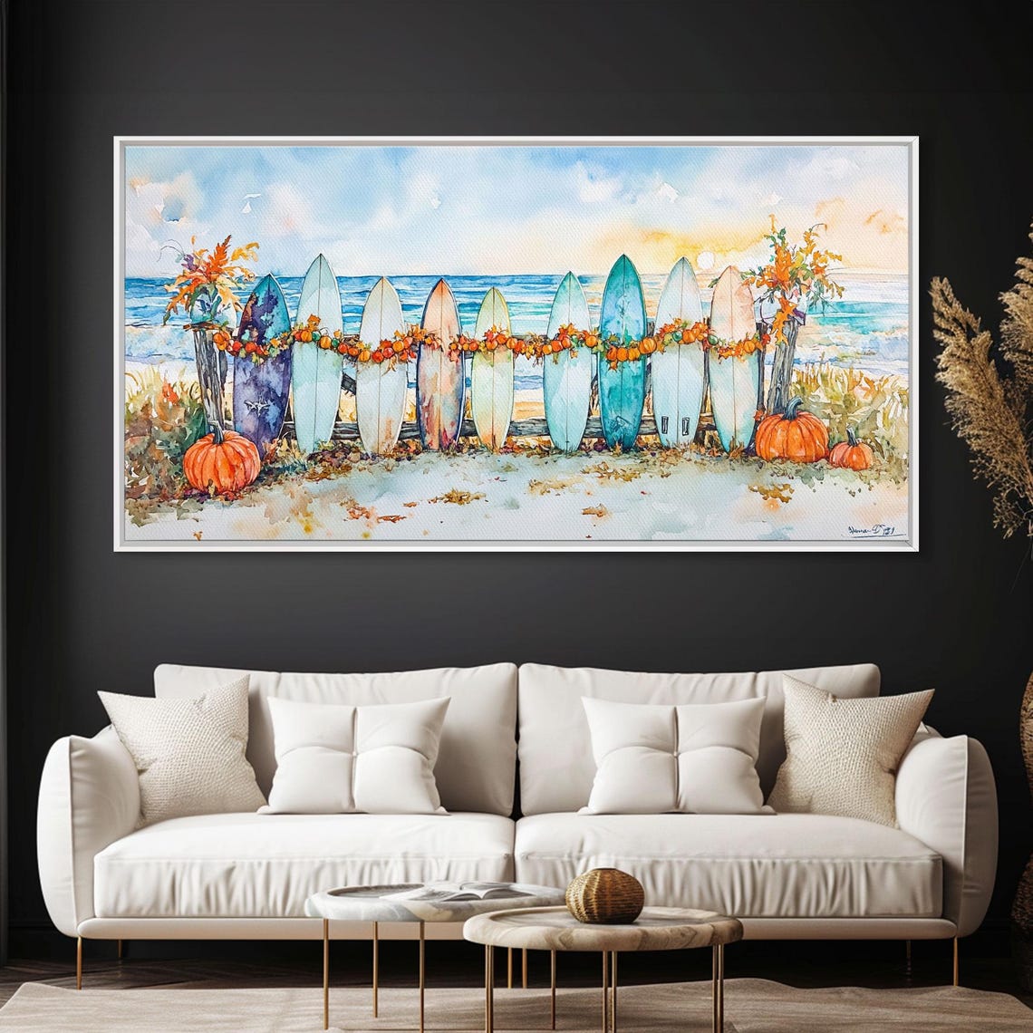 Colorful Surfboards With Pumpkin Garland Beach Fall Art Print - Image 3