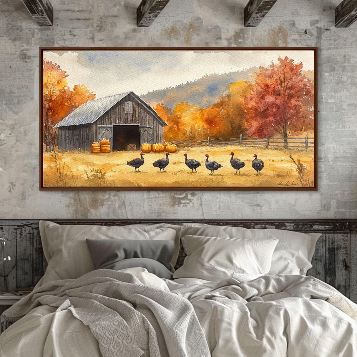 Turkeys Marching Past Rustic Barn With Pumpkins Autumn Art Print - Image 5