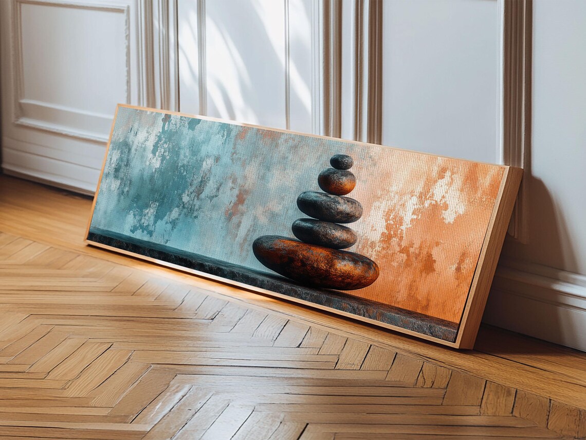 Stacked Zen Stones Turquoise Terracotta Panoramic Minimalist Art Poster - Image 4