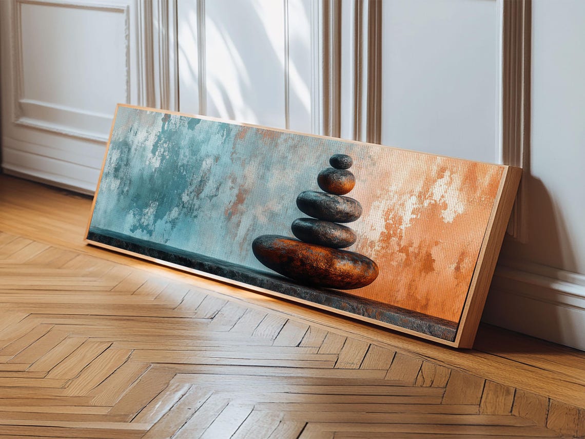 Textured Zen Framed Print Sand Patterns Stacked Stones Modern Wabi Sabi Minimalist Decor Bedroom Art Idea - Image 4