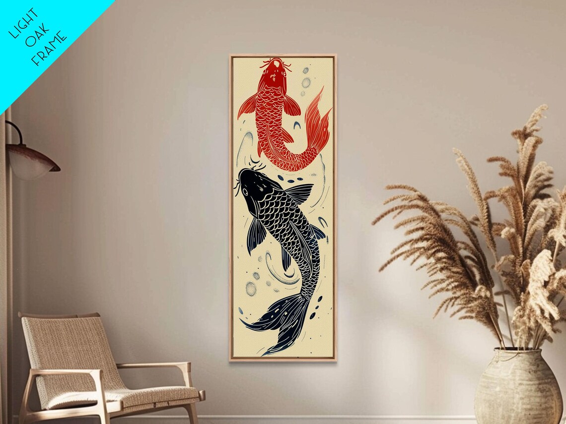 Pair Of Red Black Koi Fish Minimalist Cream Tall Japanese Art Print - Image 3