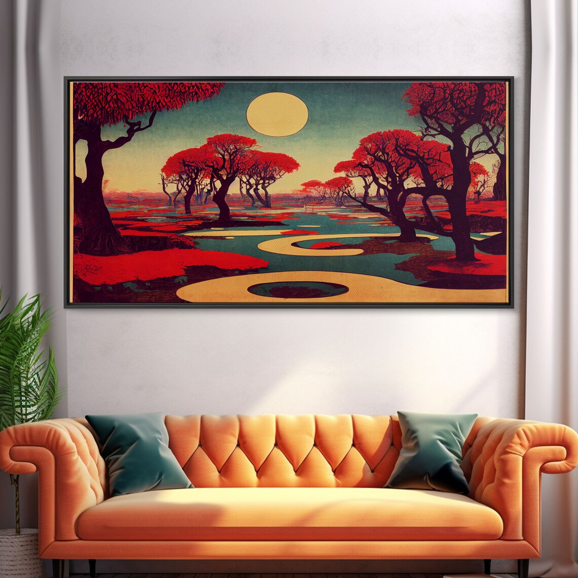 Psychedelic Crimson Red Cherry Blossom Trees Ready To Hang Print Framed Wall Art - Image 5