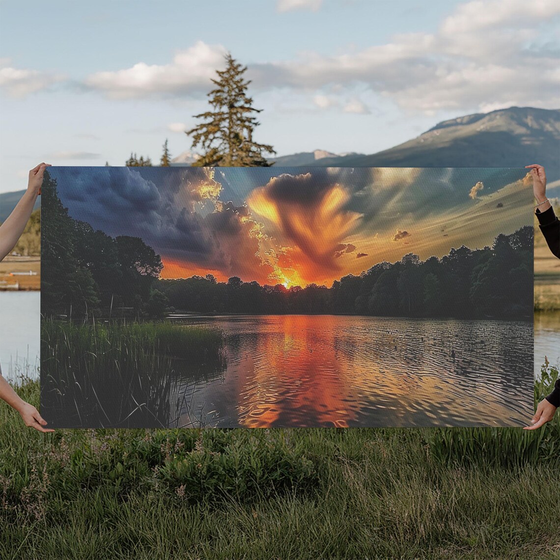 Lake Sunset With Fiery Clouds And Water Reflections Nature Poster - Image 2