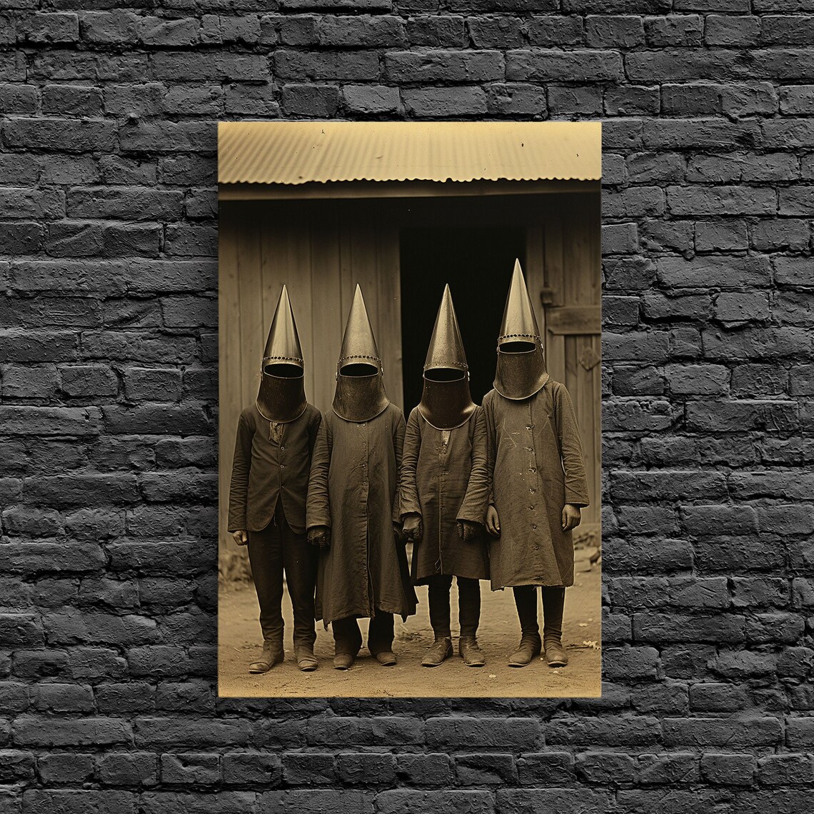Mysterious Hooded Cone Mask Figures Vintage Sepia Photo Weird Art Print - Image 6