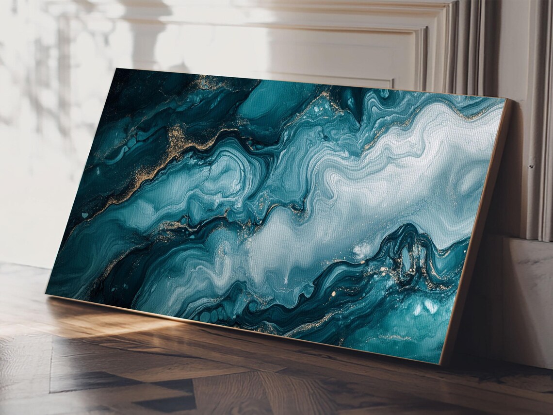 Teal Marble Fluid Abstract Gold Vein Coastal Moody Living Room Wall Art Print - Image 2