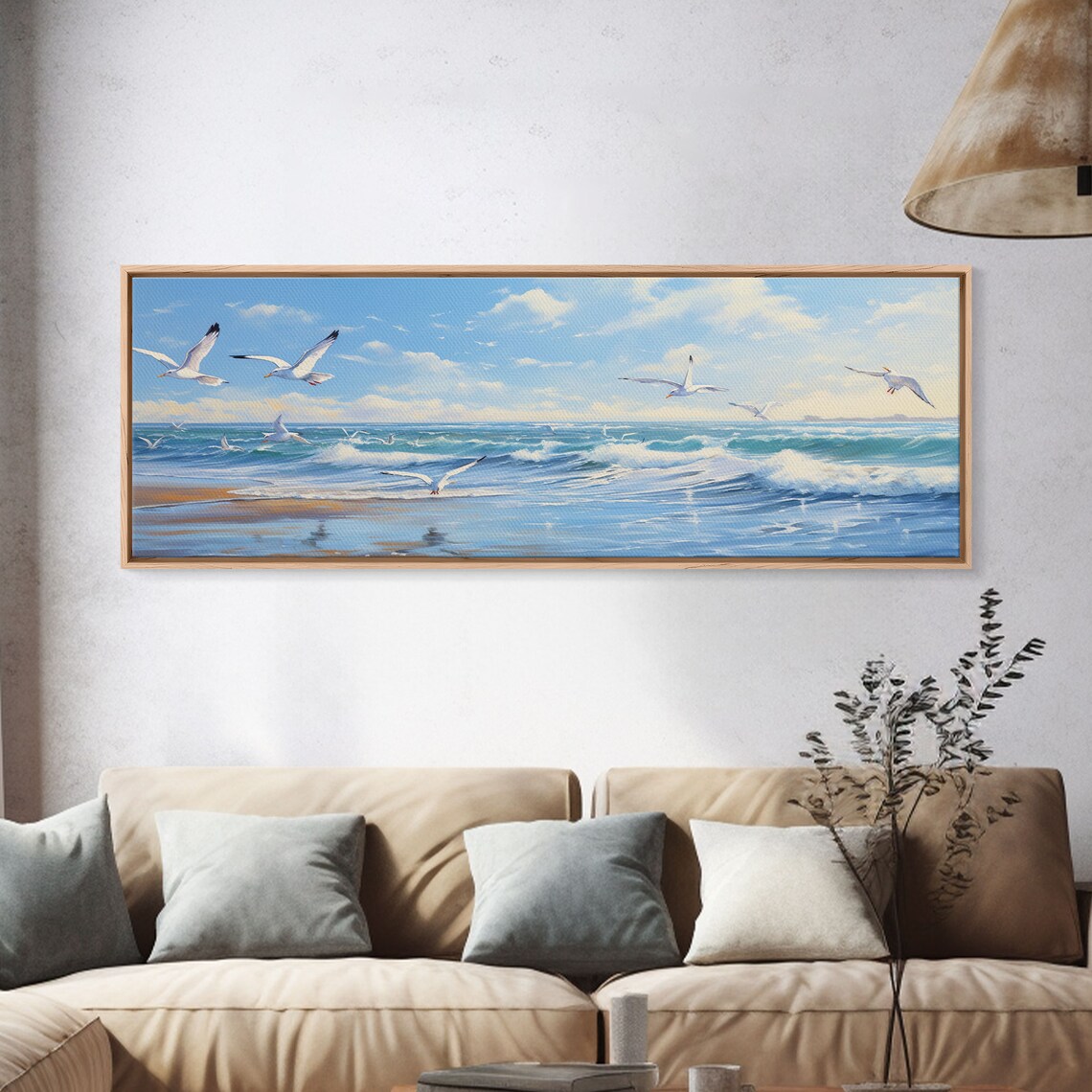 Blue Beach Ocean Waves and Seagulls Panoramic Art Print - Image 4