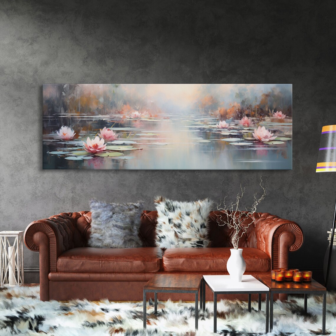 Pink Water Lilies Misty Pond Serene Floral Impressionist Flower Wall Art - Image 3