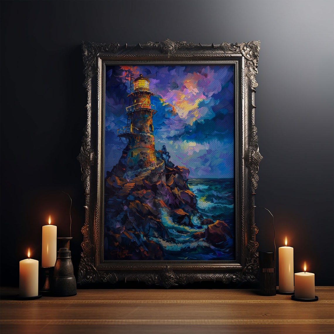 Stormy Lighthouse On Rocky Cliff Vivid Sunset Seascape Art Poster - Image 4