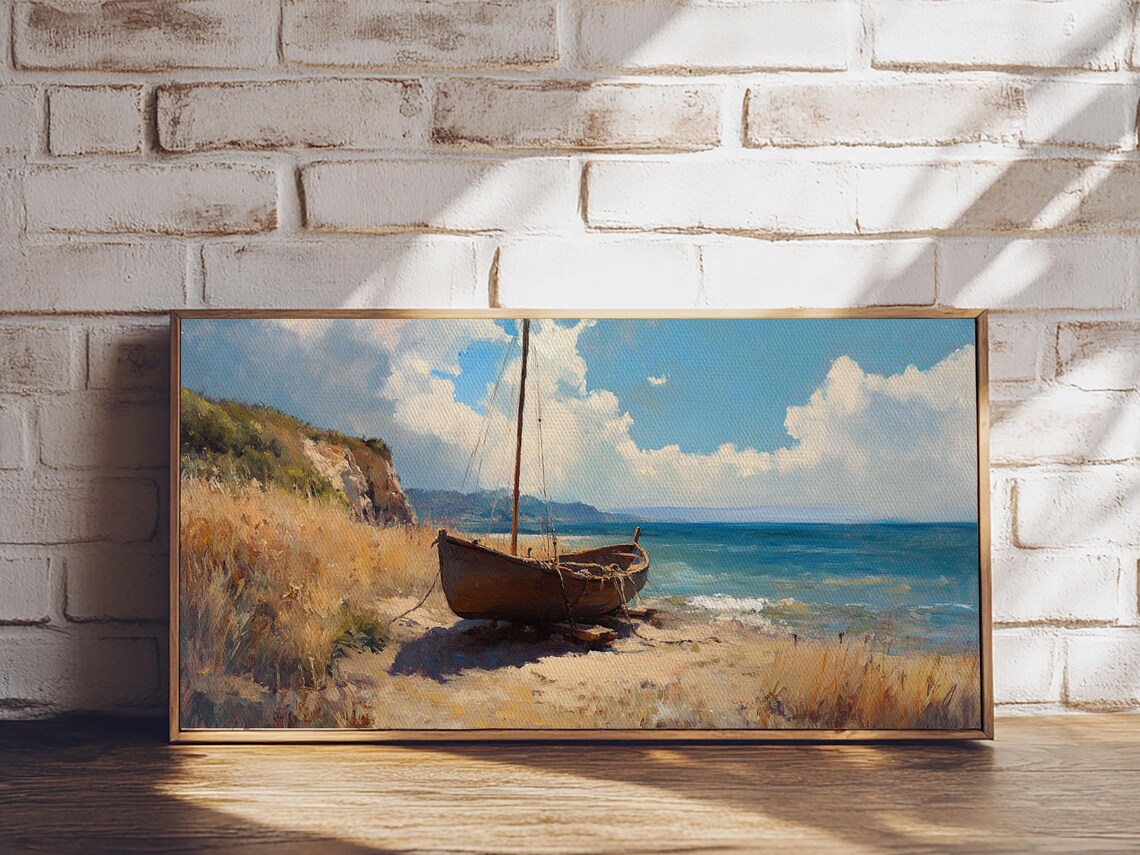 Wooden Sailboat Beached Coastal Shore Blue Sea Painting Travel Poster - Image 6