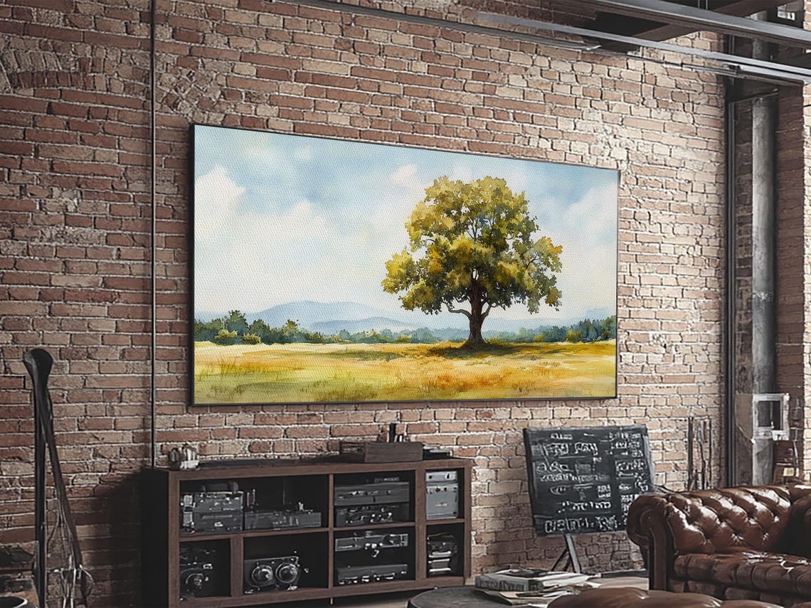 Lone Tree Golden Meadow Distant Mountains Watercolor Country Poster - Image 2