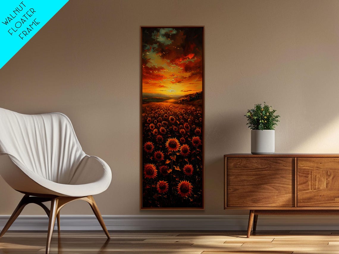 Sunflower Field Fiery Sunset Golden Sky Dramatic Floral Art Poster