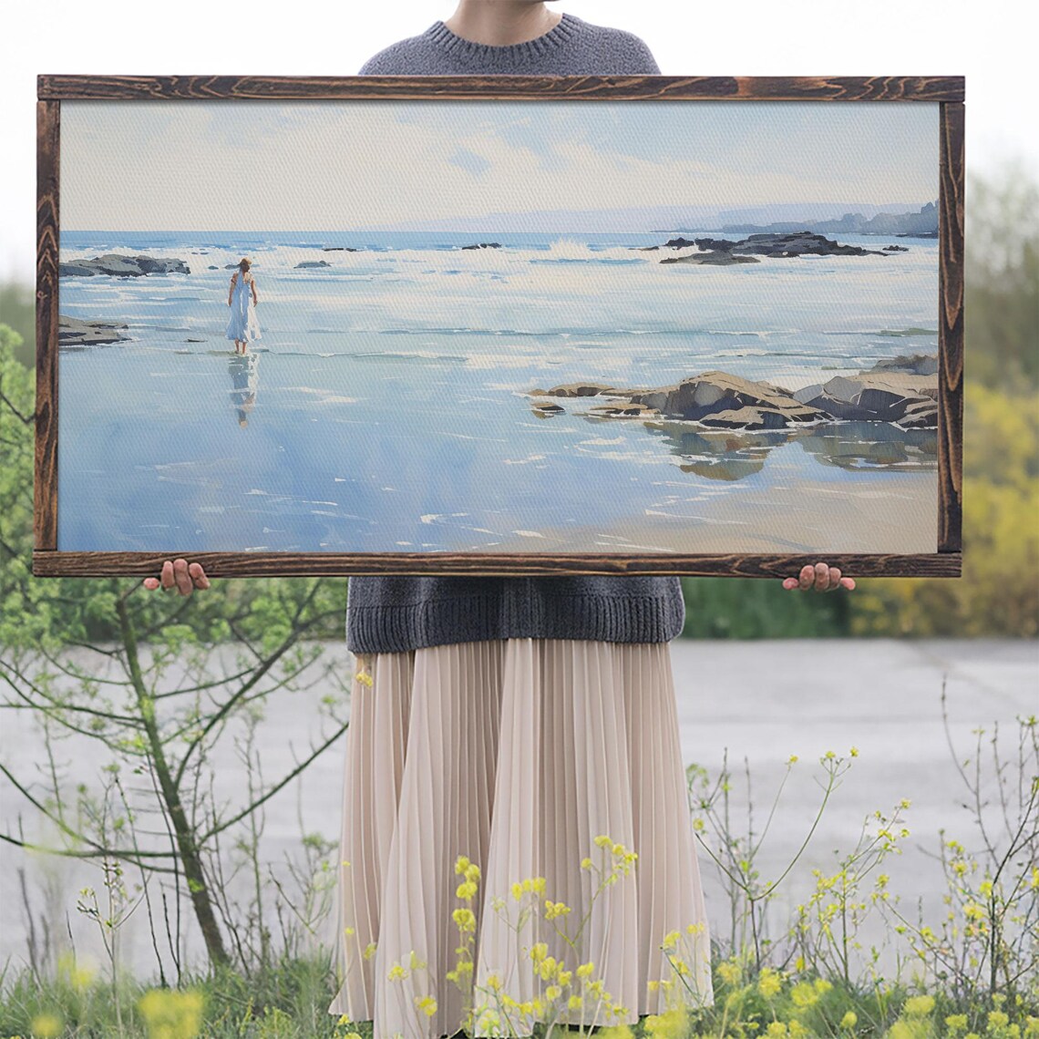Woman Wading Shallow Ocean Beach Water Rocks Coastal Watercolor Poster - Image 2