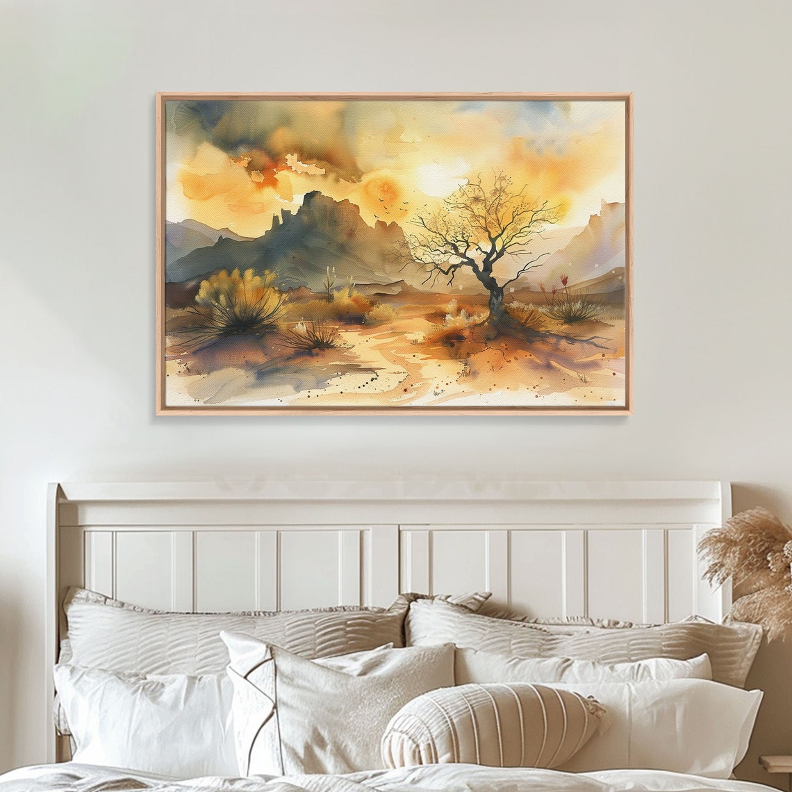 Desert Watercolor Lone Bare Tree Rocky Butte Golden Sunset Sky Poster - Image 2