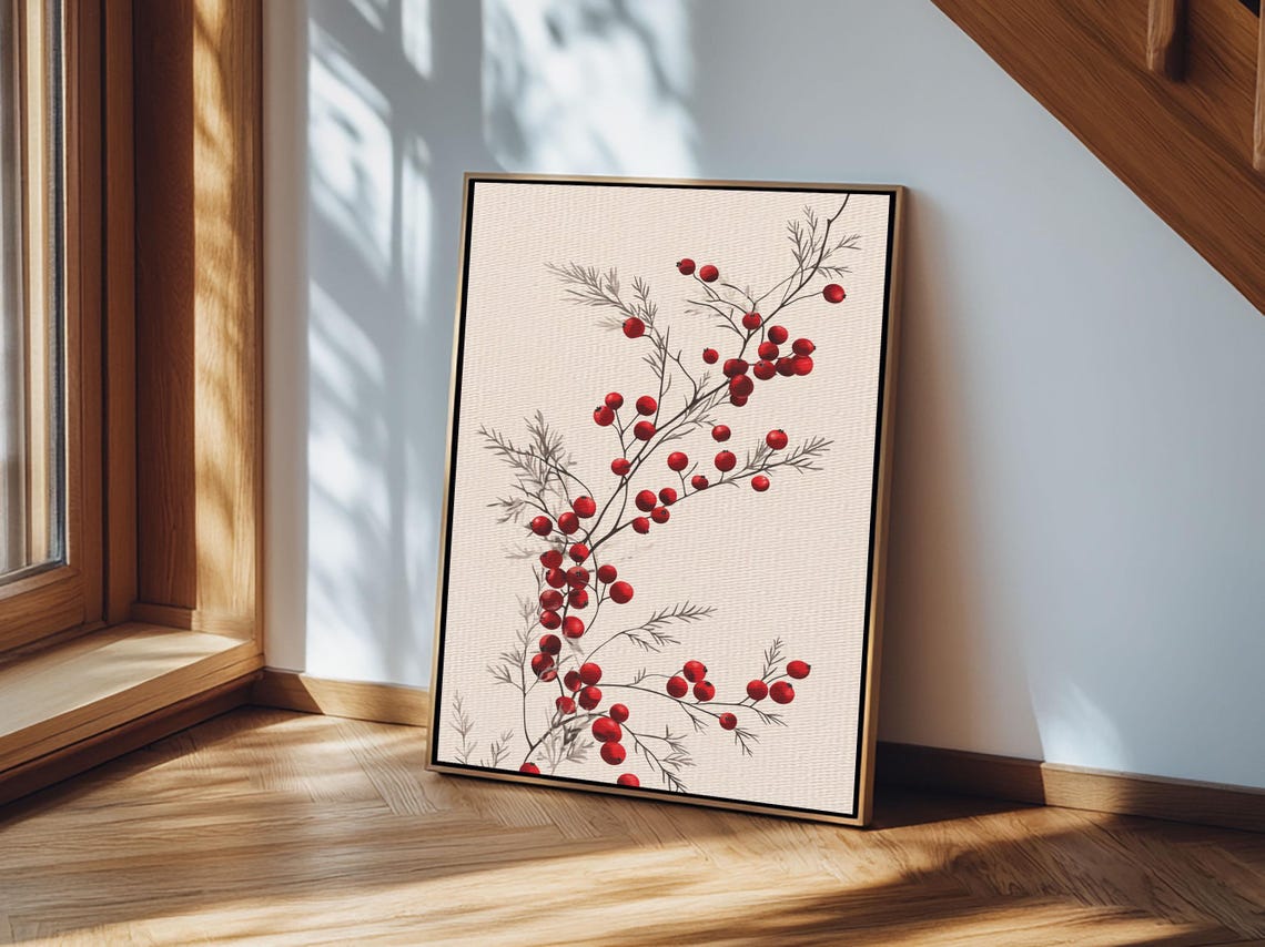 Holly Berries Branch Botanical Minimalist Christmas Wall Art Poster - Image 4