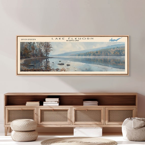 Lake Elkhorn Maryland Framed Print Lake House Decor Panoramic Wall Art Travel Poster Serene Lake Painting Nature Art