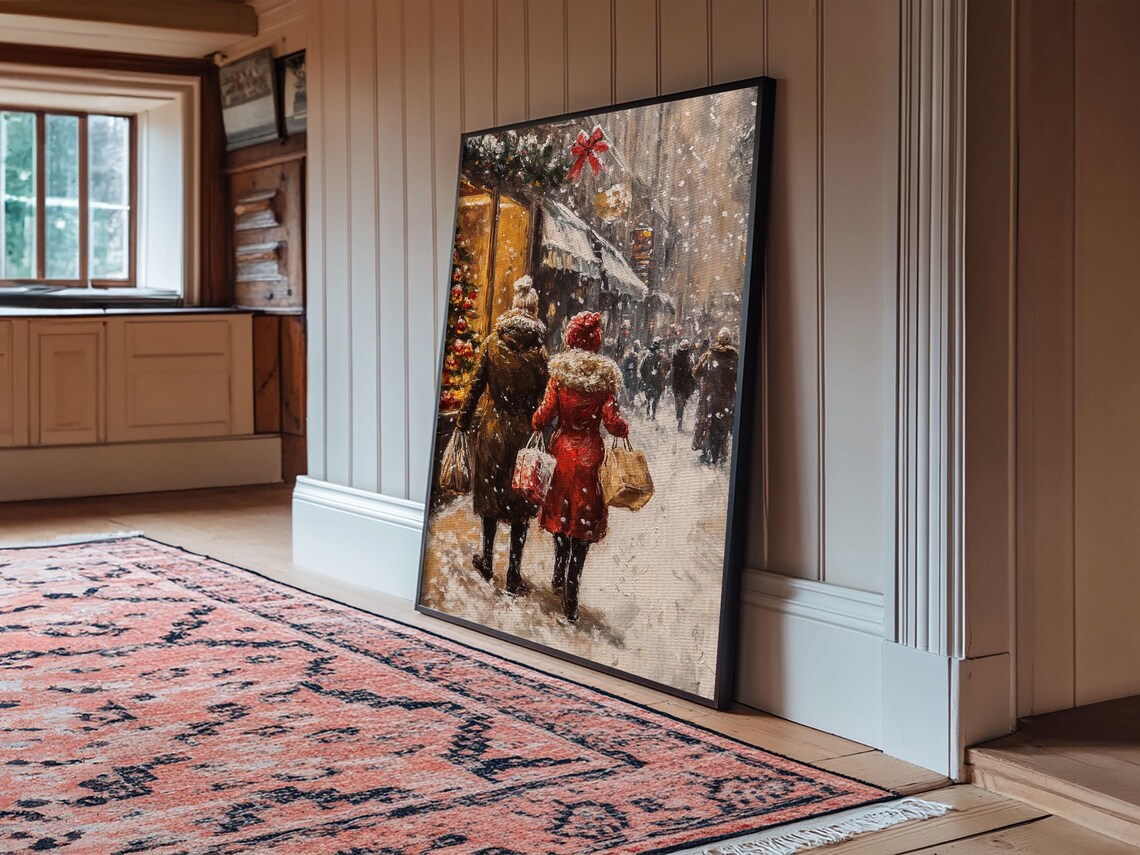 Snowy Christmas Shopping Street Vintage Holiday Scene Wall Art - Image 4