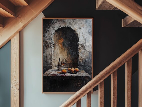 Dark Rustic Still Life Wine And Fruit Stone Arch Wall Art Print