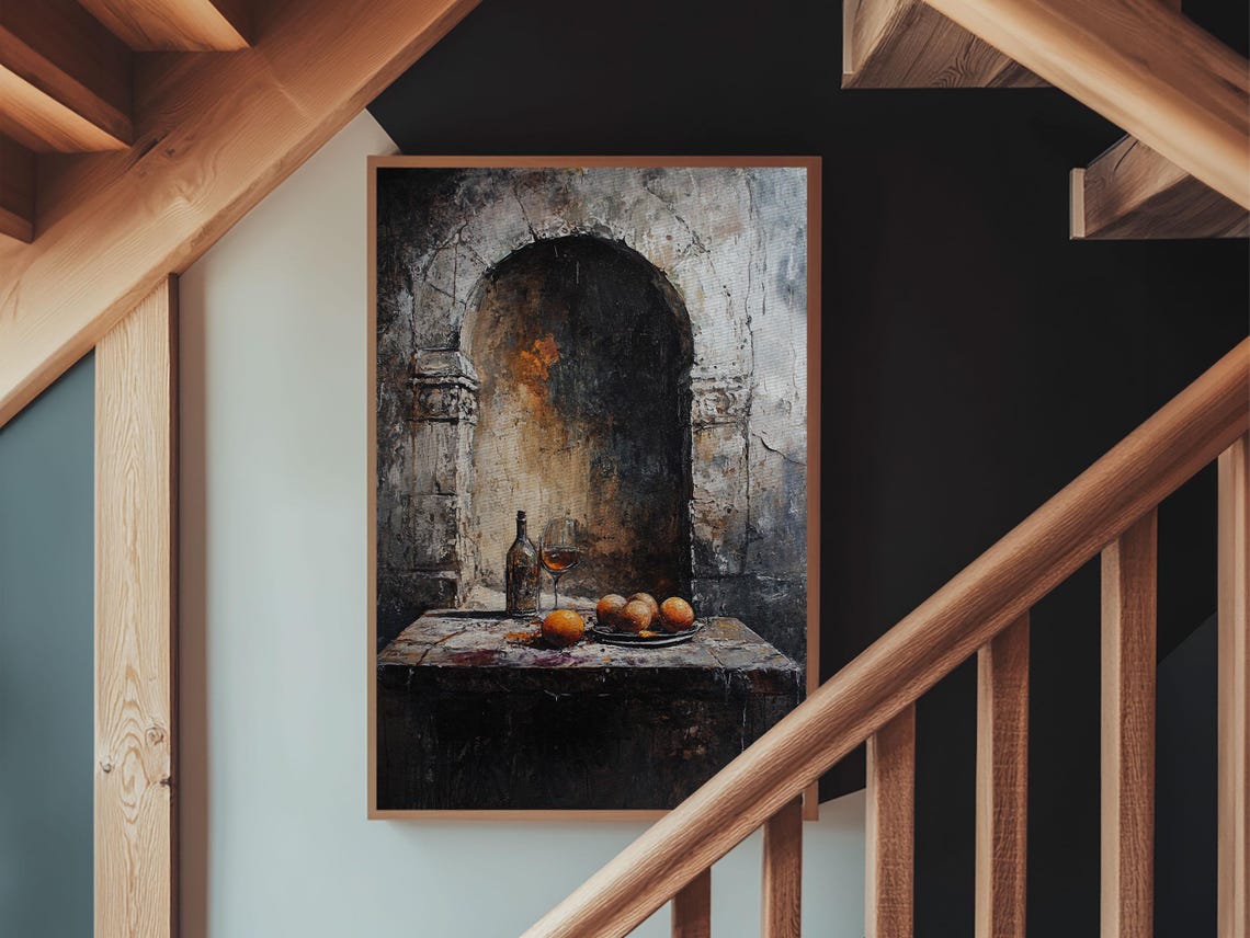 Dark Rustic Still Life Wine And Fruit Stone Arch Wall Art Print