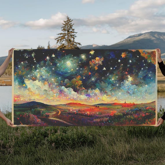 Night Starry Sky Landscape On Print Colorful Night Sky Painting Nature Painting Living Room Wall Art Spiritual Starry Painting