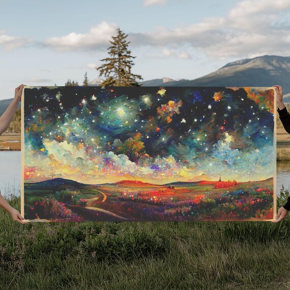 Starry Night Sky Over Winding Valley Road Vivid Fantasy Nebula Landscape Poster
