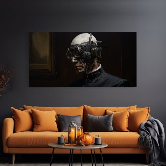 Bald Steampunk Cyborg With Goggles Dark Panoramic Horror Poster