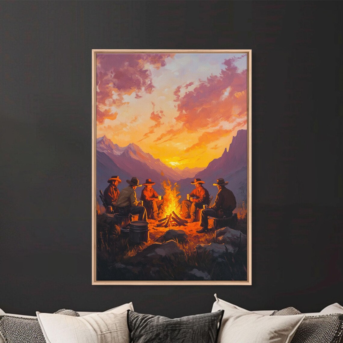 Cowboys Around Campfire In Mountains At Sunset Glow Art Poster - Image 5